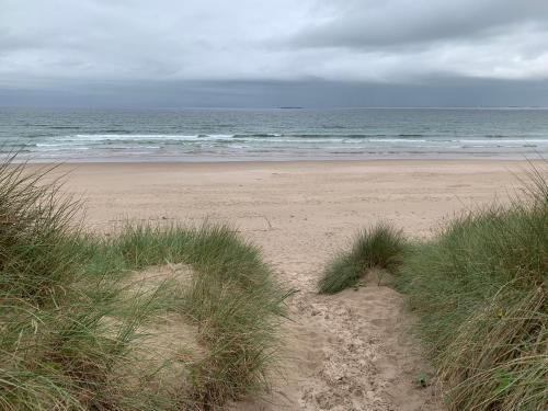 a sandy beach with some grass and the ocean at Brada View Bamburgh in Bamburgh
