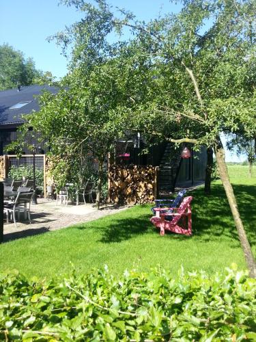 a yard with a tree and a chair in the grass at Hotel Boerderij Restaurant De Gloepe in Diffelen