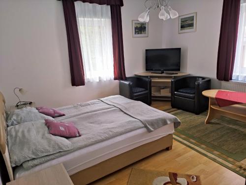 a bedroom with a bed and a flat screen tv at Zsanett Appartement in Hévíz