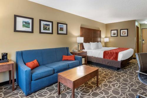 um quarto de hotel com uma cama e um sofá azul em Comfort Inn Dyersville Near the Field of Dreams em Dyersville