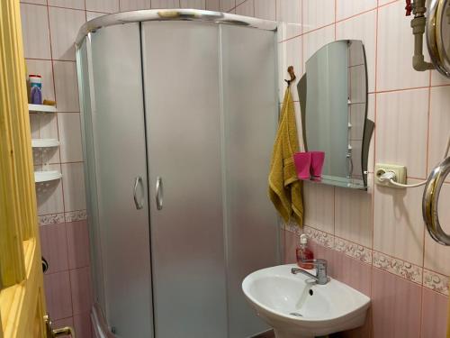 a bathroom with a shower and a sink at Приватна садиба Яблуневий сад 1 in Yaremche