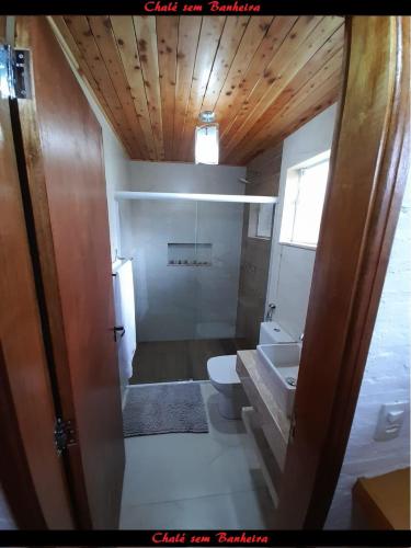 a bathroom with a toilet and a sink at Latvia Chalés in Monte Verde