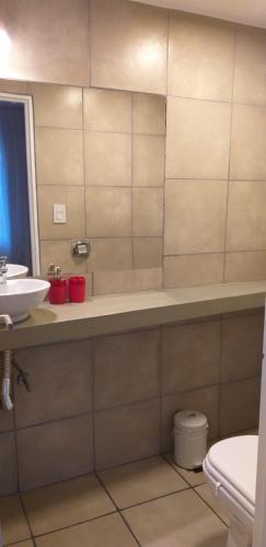 La salle de bains est pourvue d'un lavabo, de toilettes et d'un miroir. dans l'établissement Ayacucho y Viamonte, à Rosario