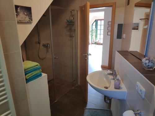 uma casa de banho com um lavatório e um chuveiro em Ferienwohnung Thum em Wustrow