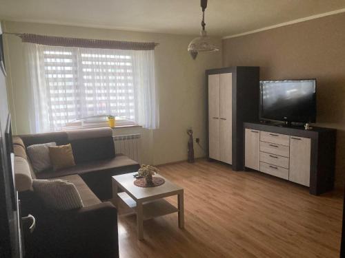 uma sala de estar com um sofá e uma televisão de ecrã plano em mieszkanie na osiedlu siedemsetlecia em Uniejow