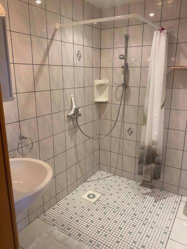 une salle de bain avec douche et lavabo dans l'établissement hébergement du chêne, à Fréland
