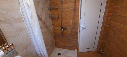 a shower with a glass door in a bathroom at MARIANA - guest rooms in Gotse Delchev