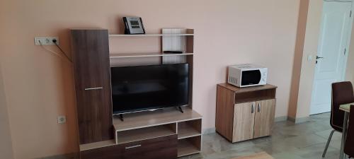 a entertainment center with a flat screen tv and a microwave at MARIANA - guest rooms in Gotse Delchev
