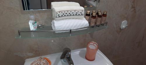 a bathroom with a glass shelf above a sink at MARIANA - guest rooms in Gotse Delchev