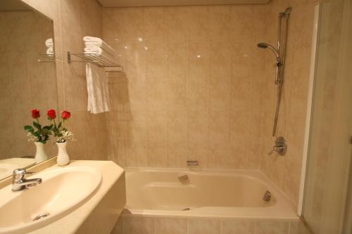 a bathroom with a sink and a bath tub and a sink at Motel Aeropuerto in Vigo