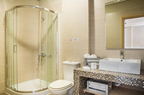 a bathroom with a toilet and a shower and a sink at Apartment Lilly, brand new apartment with communal pool, 10 meters from sea in Sami