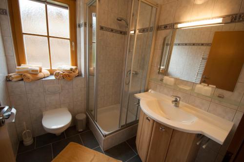 a bathroom with a shower and a sink and a toilet at Haus Gipfelblick in Lermoos