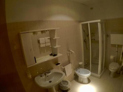 a bathroom with a sink and a toilet and a shower at Hotel La Fenice e Sole in Tremosine Sul Garda