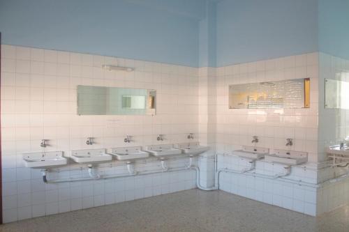 un bagno con una fila di lavandini e specchi di Albergue Santa Olaia a Silleda