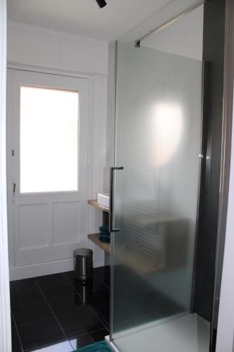 a glass shower in a bathroom with a window at Vakantiewoning 't Kartuis, Brugge in Bruges