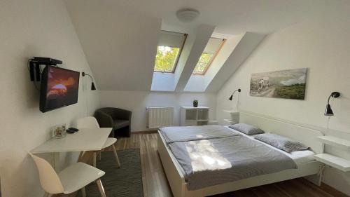 1 dormitorio con cama, escritorio y mesa en Benevia Apartments, en Pécs