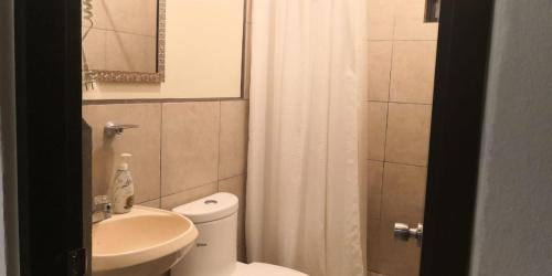 Departamento Y في لوريتو: حمام مع مرحاض ومغسلة ودش