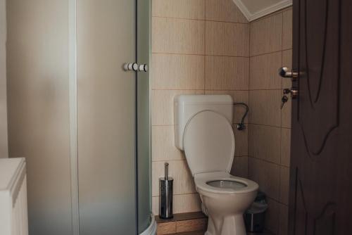 a bathroom with a toilet with the lid up at Casa de Oaspeti la Bilbor in Bilbor