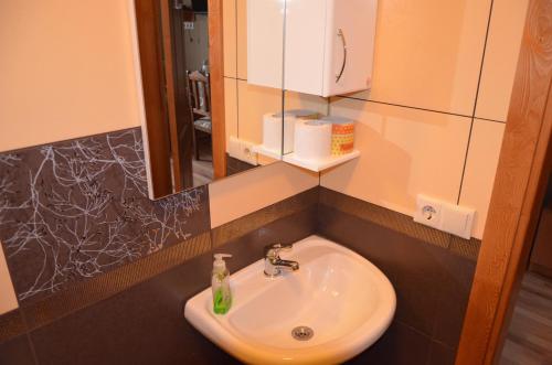 a bathroom with a sink and a mirror at Atlant Hotel in Ostroh
