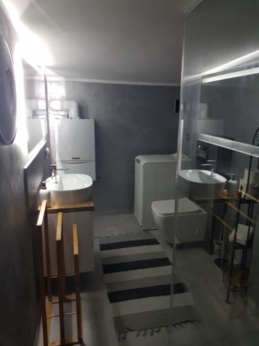 łazienka z 2 umywalkami i toaletą w obiekcie Noclegi Jaworzno w mieście Jaworzno