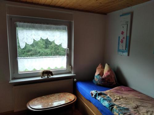 a bedroom with a cat sitting on a window sill at Ferienwohnung Sowade in Nebra