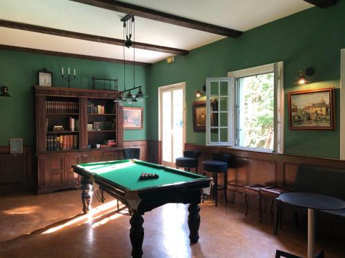 a pool table in a room with green walls at Hôtel D’Artiste in Pierrefontaine-les-Varans