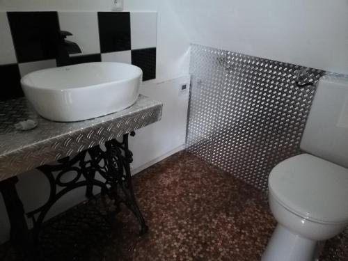 a bathroom with a sink and a toilet at Ochsenhof in Feuchtwangen