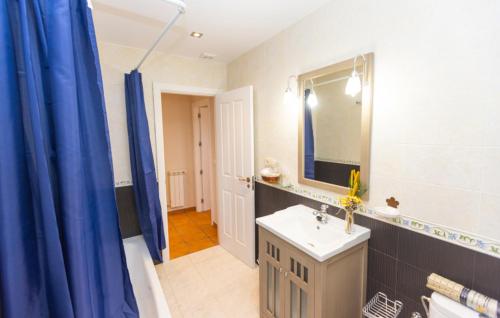 La salle de bains est pourvue d'un lavabo et d'un rideau de douche bleu. dans l'établissement "As Cereixeiras", à La Roda