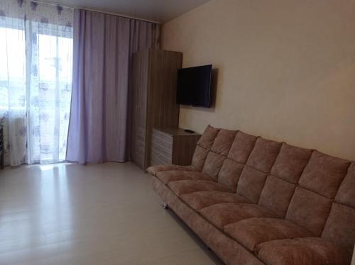 uma sala de estar com um sofá e uma televisão em 1к. Апартаменты НСК , на пр.Карла Маркса 11 em Novosibirsk