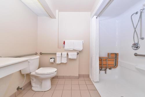 a bathroom with a toilet and a sink and a shower at Econo Lodge Inn & Suites Marietta near Dobbins ARB in Marietta
