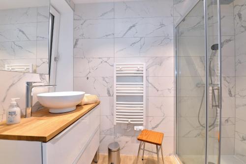 a bathroom with a sink and a shower at Chez Sylvie et Joséphine in Châtenois