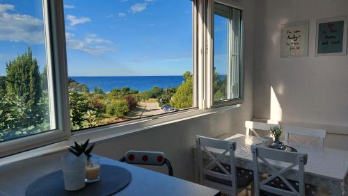 a room with a table and two chairs and two windows at Pipo Apartment Mareda in Novigrad Istria