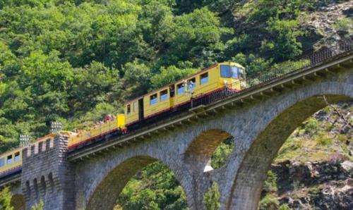 un treno giallo su un ponte sopra una montagna di font romeu a Font-Romeu-Odeillo-Via