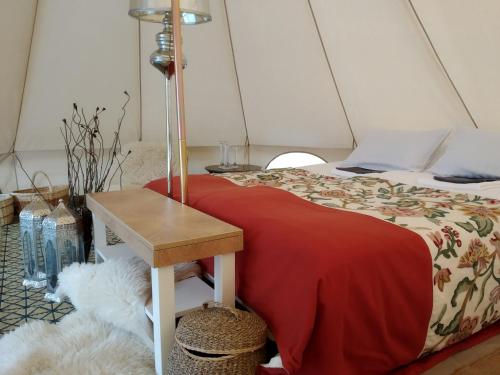 a bedroom with a bed with a red blanket and a table at MAZANKA ecocamping in Soshnikov