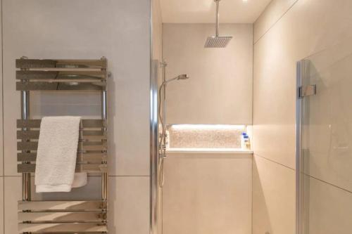 a bathroom with a shower and a glass shower backdoor at Superb Apartment near Buckingham Palace in London