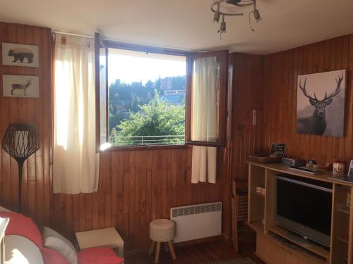 une chambre avec une télévision et une fenêtre avec un cerf sur le mur dans l'établissement Studio cabine 3 couchages près des pistes, à Orcières