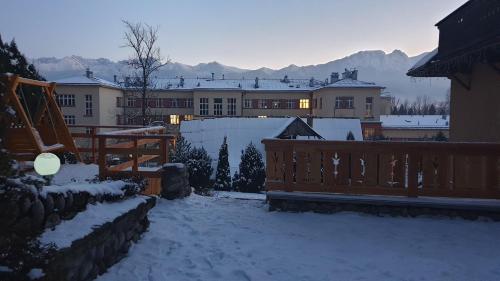 a snow covered yard with a house in the background at Villa Fortuna - Regionalne apartamenty & SPA - Sauna, Grill, Jacuzzi z widokiem na Tatry in Zakopane