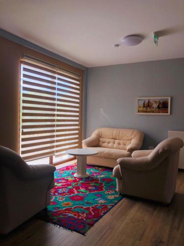 a living room with a couch and a table on a rug at House of Horses Shtepia e Kuajve in Korçë
