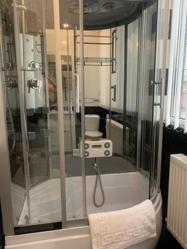a bathroom with a shower with a toilet in it at MariSole in Constanţa