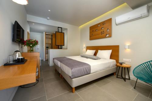 a bedroom with a bed and a desk and a television at Olympion Village in Kavos