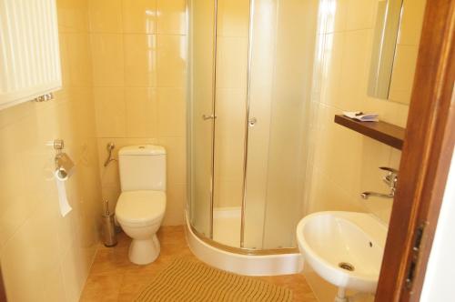 ein Bad mit einer Dusche, einem WC und einem Waschbecken in der Unterkunft Pałacyk w Pakości Hotel in Pakość