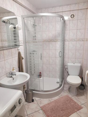 uma casa de banho com um chuveiro, um WC e um lavatório. em Apartament Kwiatowa em Piechowice