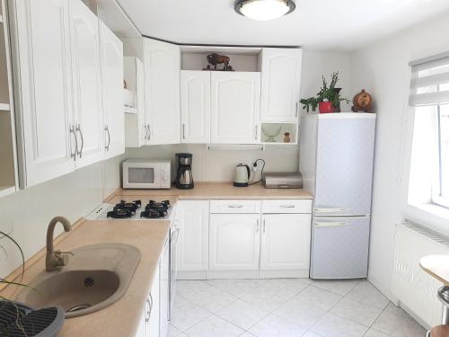 a white kitchen with a sink and a refrigerator at Apartament Kwiatowa in Piechowice