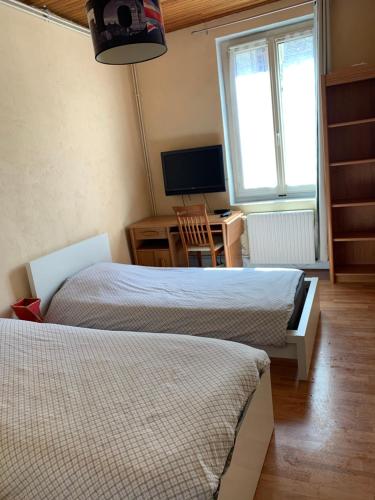 ein Hotelzimmer mit zwei Betten und einem Fernseher in der Unterkunft Appartement du Four in La Tour-du-Pin