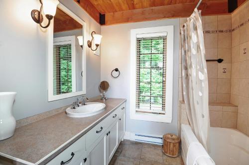 a bathroom with a sink and a tub and a shower at Chalets Alpins - 56 Chemin des Skieurs in Stoneham