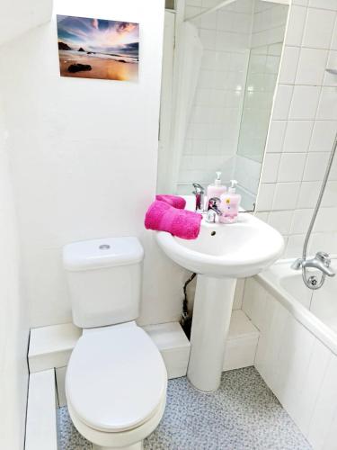 a white bathroom with a toilet and a sink at Cosy little cottage in Deiniolen near Llanberis in Caernarfon