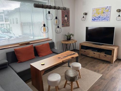 a living room with a couch and a tv at Kunstwerk AppARTement in Sankt Michael im Lungau