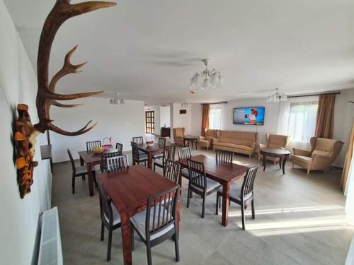 a room with tables and chairs and a living room at Pensiunea Casa Doamnei in Tămaia