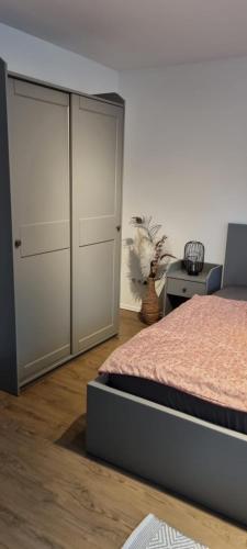 a bedroom with a bed and a large closet at Ferienwohnung Spessartbude in Schollbrunn