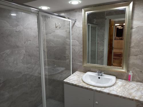 a bathroom with a sink and a glass shower at Login house A in Derry Londonderry